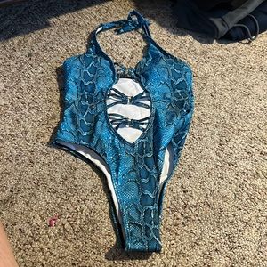 Blue Snakeskin print one piece bathing suit
